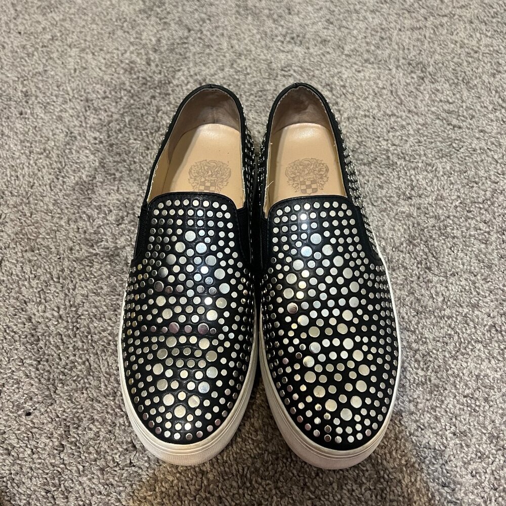 Vince Camuto Studded Black Leather Slip on Kindra Platform Shoes- Womens 7